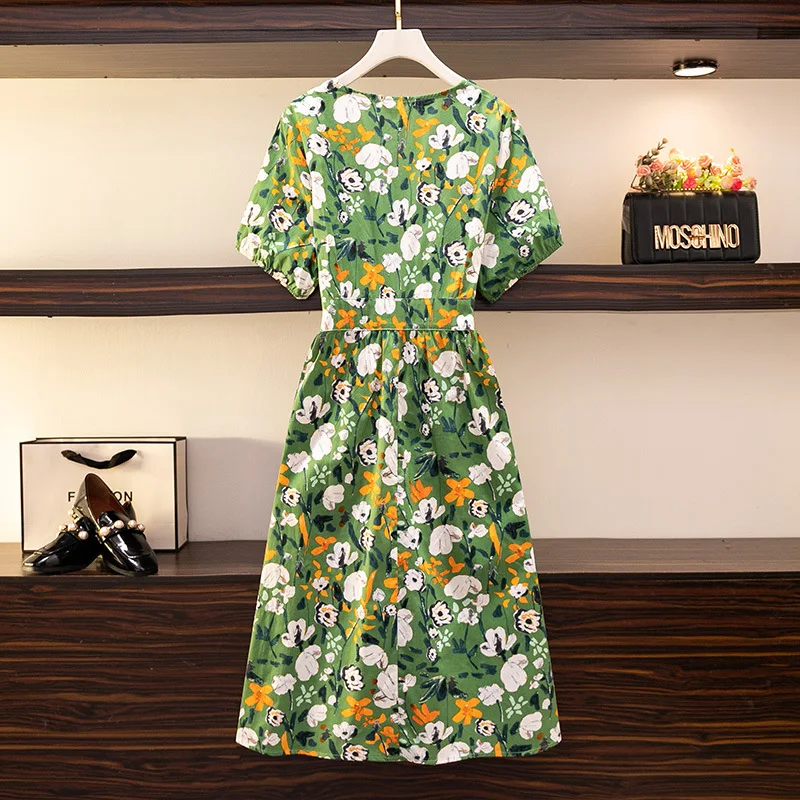 New 2022 Summer Plus Size Dress For Women Large Size Loose Short Sleeve Cotton Green Floral Print Midi Dress 3XL 4XL 5XL 6XL 7XL