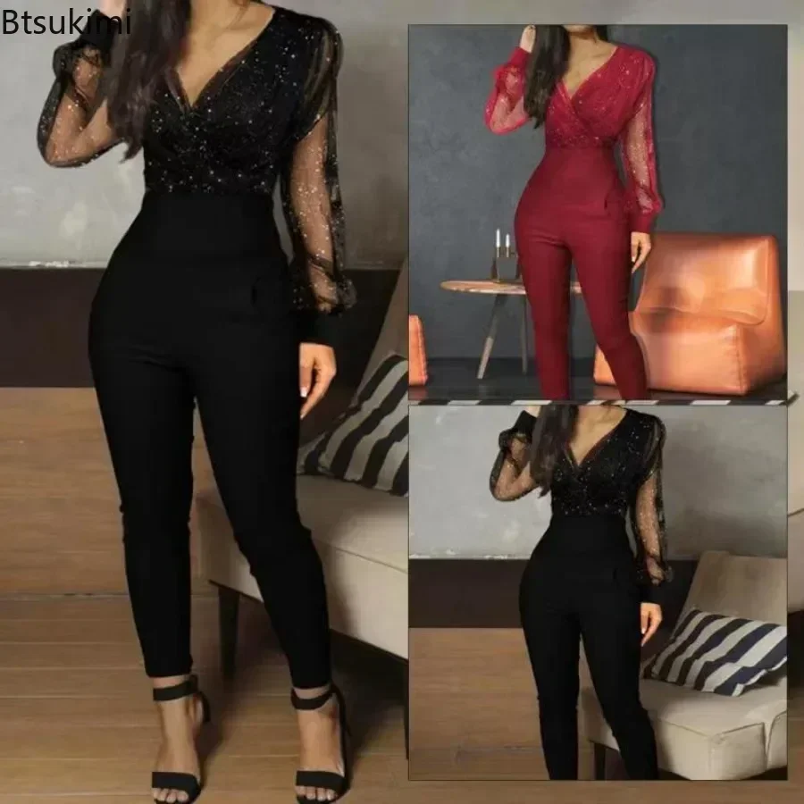 2025 Women Sexy Deep V Jumpsuit Fashion Elegant Sequins Mesh Glitter Party One Piece Overalls Ladies Bodycon Long Sleeve Rompers