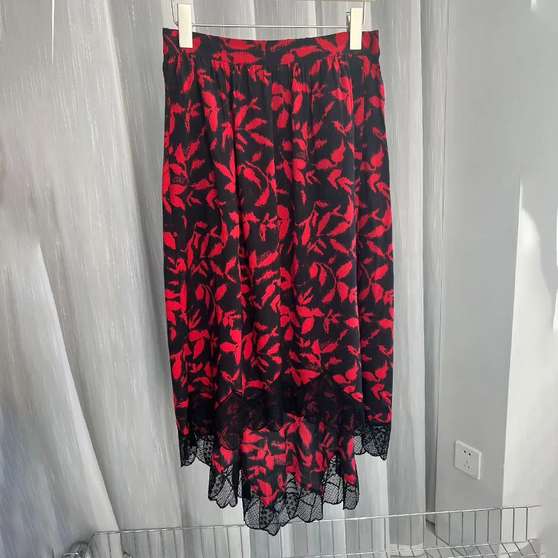 

Zadig Elegant Skirts Women Casual Maple Leaf Lace Jupes Long Skirt Female Chic Balck Red Print Knee Length Viscose Ladies Skirts