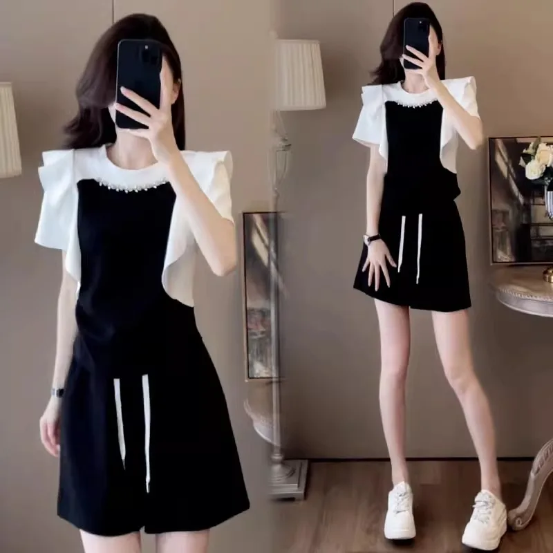 

Faionable Ruffle Design Sportswear Set for Women Summer 2026 New Splice T-irt ort Pants Two-piece Suit Polyester Material