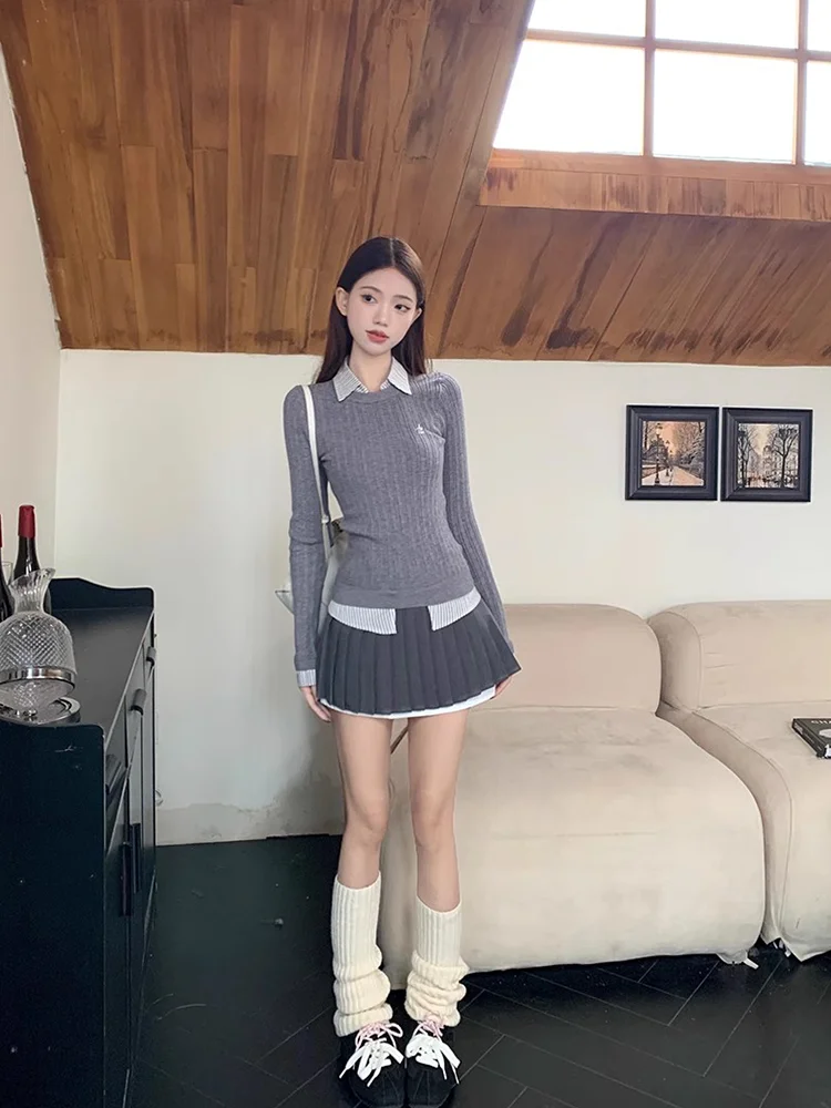 

Korean Fashion New Women 2 Piece Skirt Sets Preppy Style Patchwork Lapel Collar Long Sleeve Sweater + A Line Pleated Mini Skirt