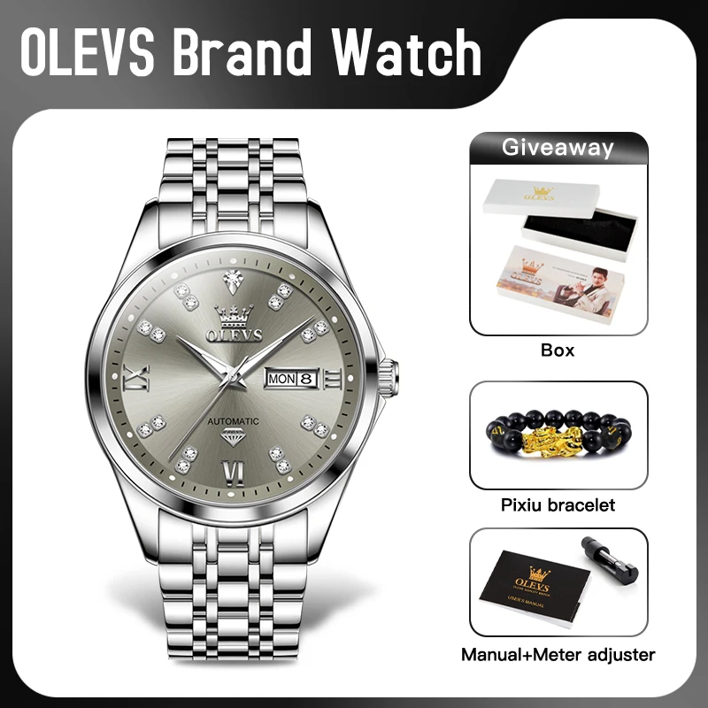 

OLEVS 9801 Mens Watch Original Waterproof Luminous Watches For Men Automatic Mechanical Watch Dual Calendar Display Mens Gifts