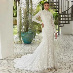 Maßgeschneidertes 2024-elegantes Spitzen-Meerjungfrau-Hochzeitskleid mit Stehkragen und langen Ärmeln, Hofzug-Brautkleid, Vestidos De Novias