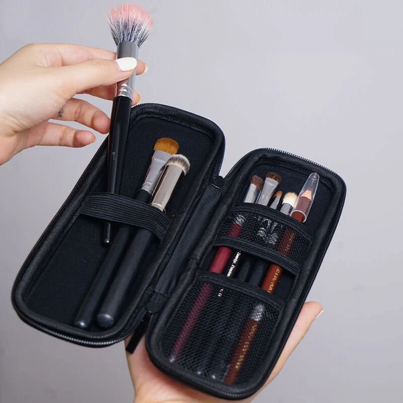 1PC Women Makeup Brush Case Pure Black Small Cosmetic Bag Lipstick Pen Organizer Beauty Tool Storage Box Zipper Long Strip Pouch