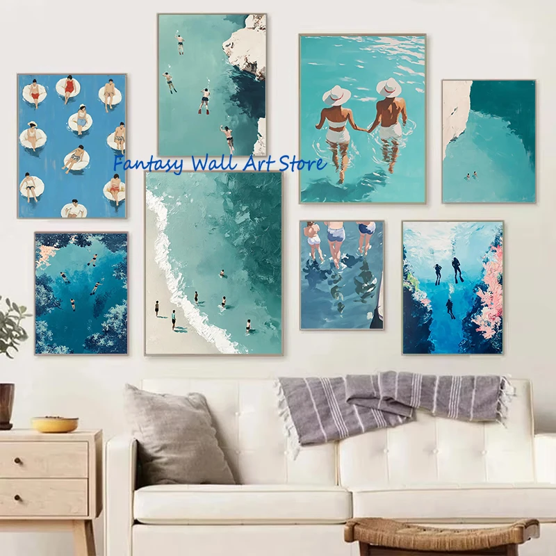 Minimalist Tiny People Swimming in Ocean Summer Scuba Diver Beach Pool Swimming Poster Canvas Painting Wall Pictures Home Decor