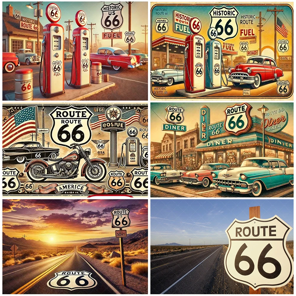 

Vintage Historical Route Route 66 Gas Station Hot Car Background Banner Classic Garage Backdrop Party Decoration Industrial Prop