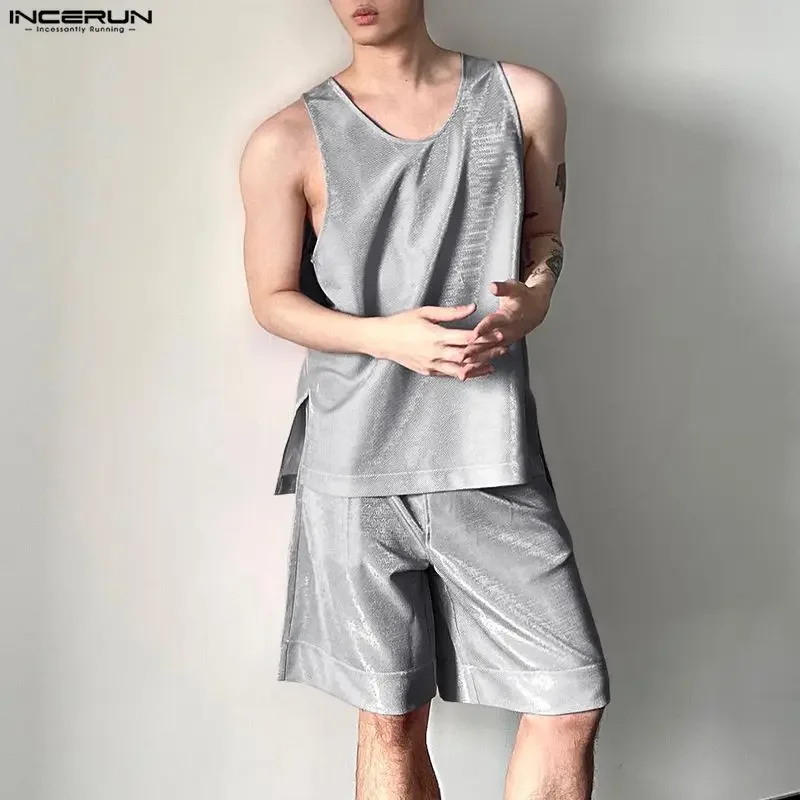 INCERUN Men's Sets Shiny Solid O-neck Sleeveless Tank Tops Shorts Two Piece Sets Streetwear 2026 Fashion Men Matching Sets S-5XL