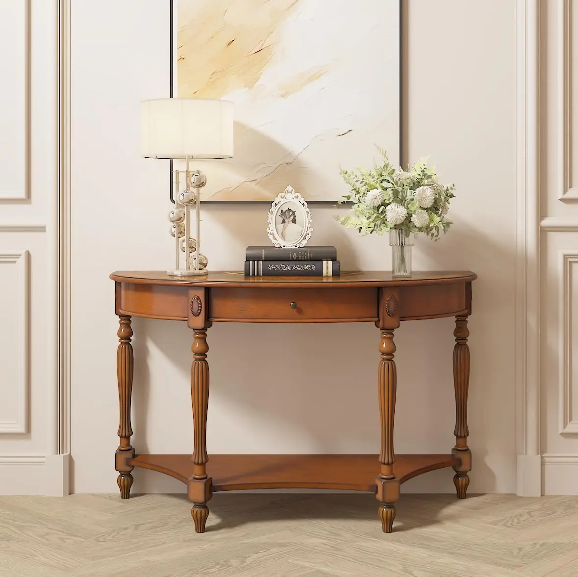 Solid Wood Console Entry Table With Drawer, Semi-Circle Sofa Table With Storage Shelf, Half-Moon Carvings Side Elegant Vintage