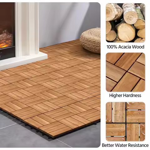 54pcs Hardwood Interlocking Patio Deck Tiles Acacia Waterproof Wood Flooring Tiles, 12'' x12'' Indoor Outdoor Use All Weather