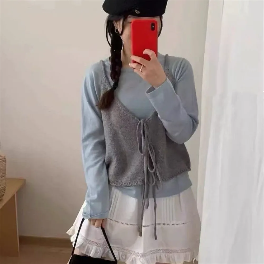 

Two Side Wear Tie Bow Sweater Vest Red Beige Yellow Gray Black Sleeveless Knit Cardigan Spring Autumn V-neck Fashion Baisc Top