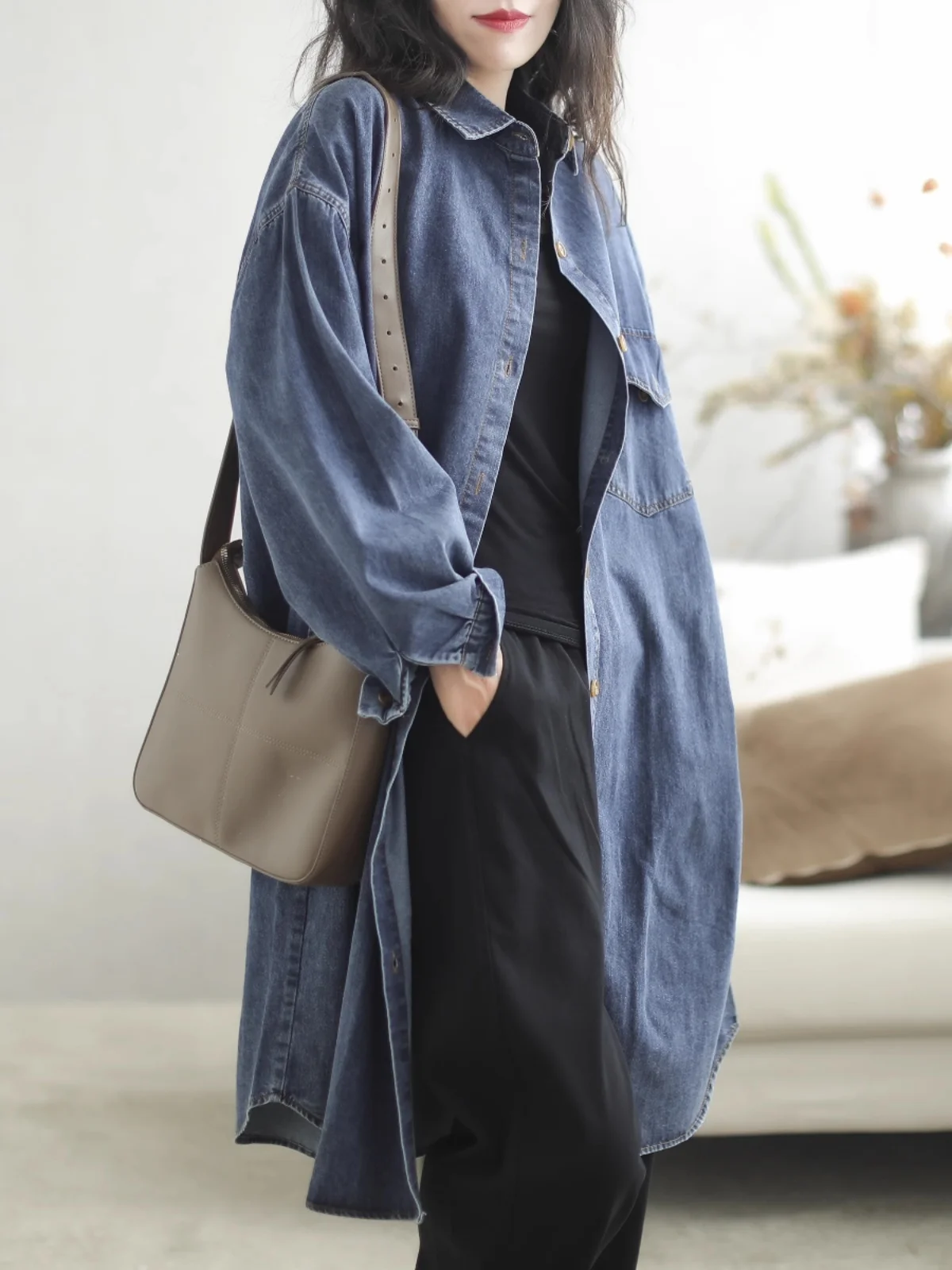 Vestido Vaquero Retro para Mujer, Manga Larga, Cuello , Estilo Csa Hoada, Chaqueta, Estilo ex, Color Puro, Ajust...