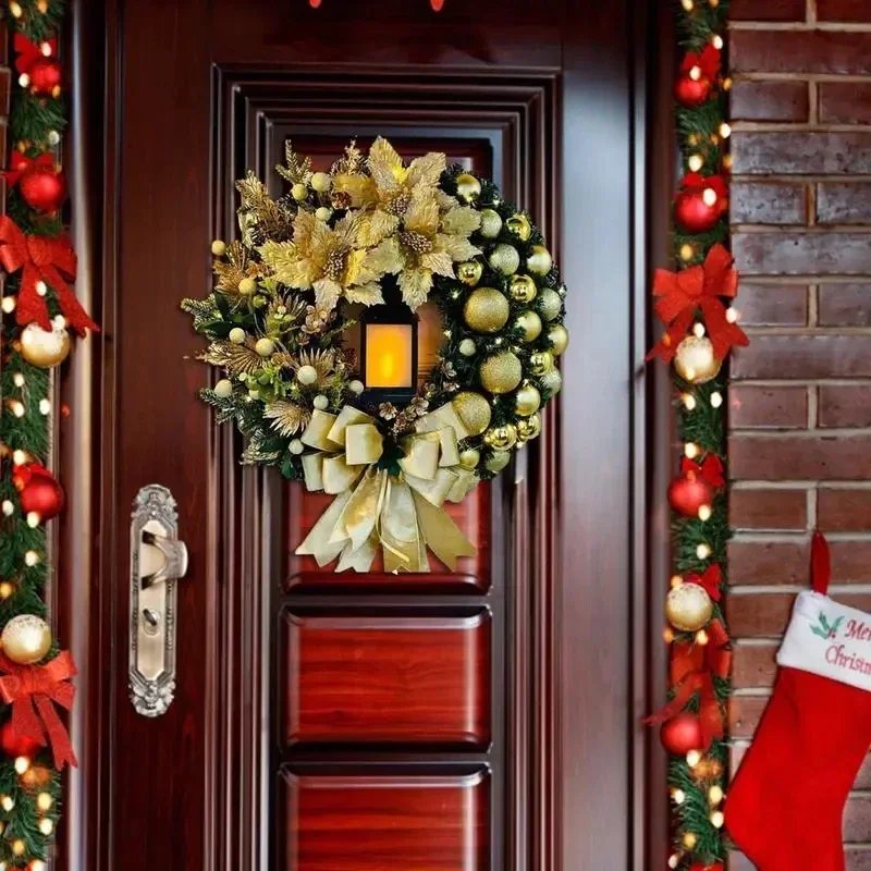 

Navidad Party Wall Door Window Fireplace Staircase Balcony Garden Wreath 2024 Christmas Wreath With Lamp Bow Ball Big Red Flower