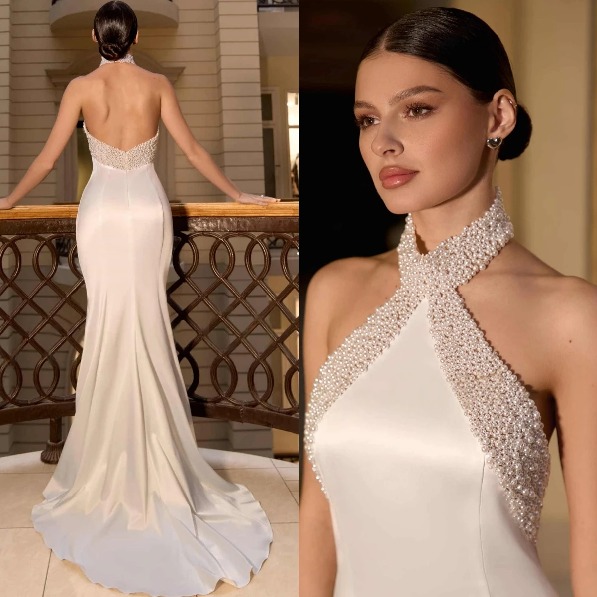 Customized White Satin Formal Wedding Dress Elegant Mermaid Delicate High Collar High Quality Bridal PartySparkly Bridal Gowns
