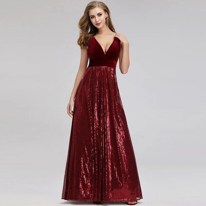 

New European and American dress V-neck sleeveless floor twill velvet evening gown