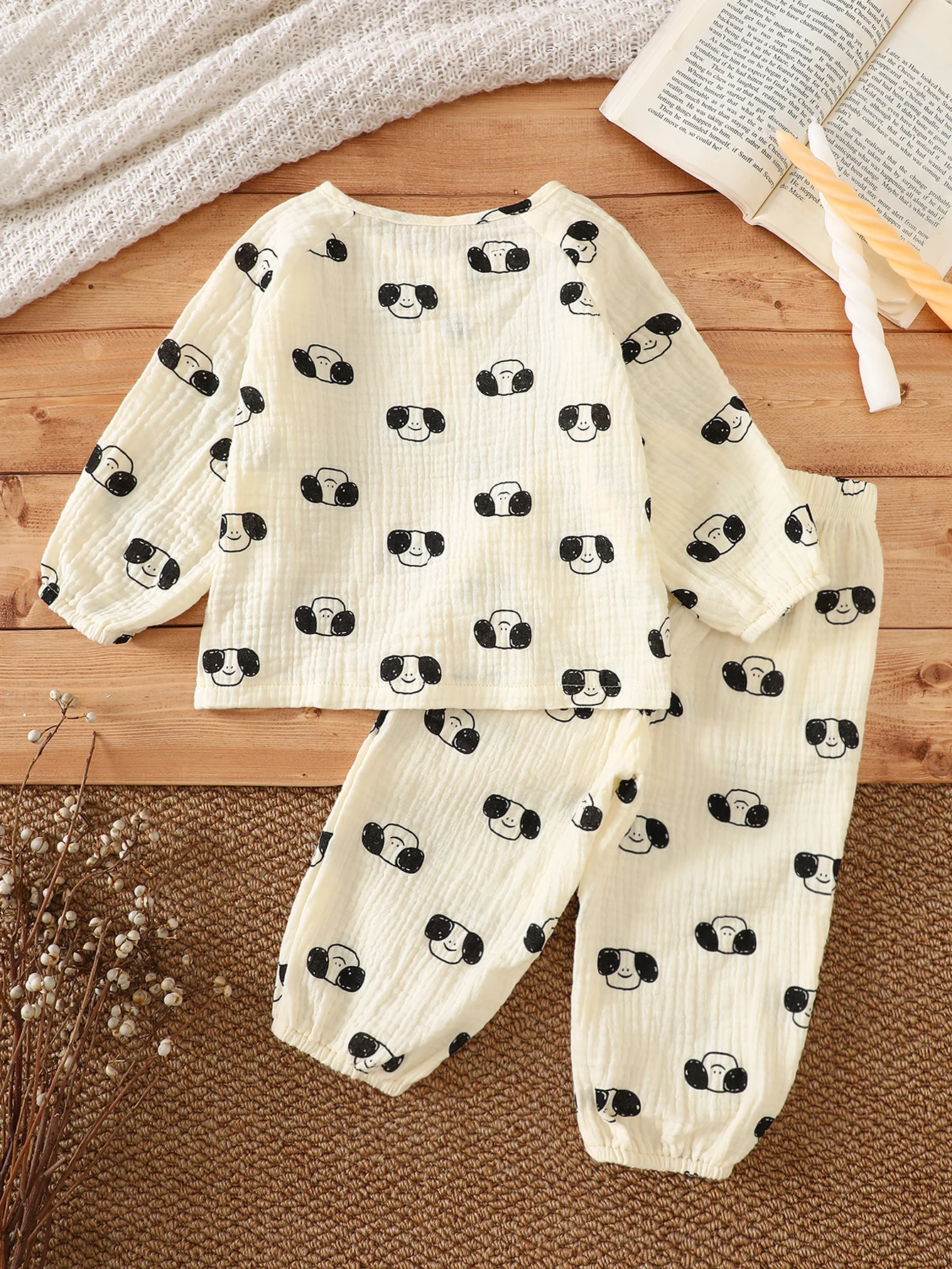 Baby Cartoon Puppy Print Gauze Set, Spring and Autumn Style Long-Sleeved Home Clothes for Boys and Girls, Breathable Baby Two-Piece Set