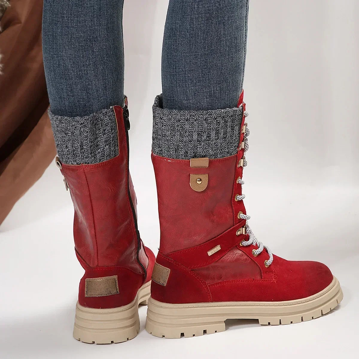 Retro Women Boots Winter Boots for Women Lace Up Mid Calf Boots Woman Round Toe Platform Boot Female  Knight