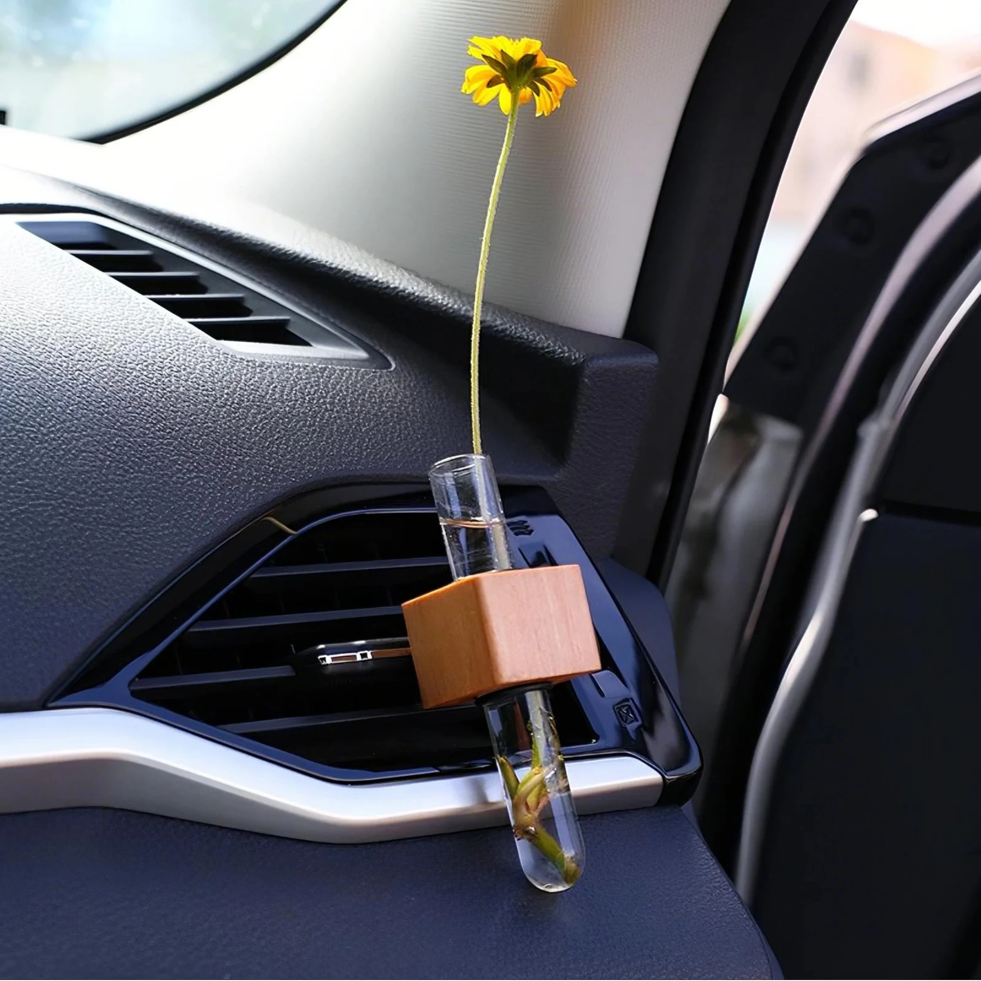 Nordic Style Creative Car-Use Test Tube Flower Holder Made of Solid Wood, Personalized Solid Wood Car Decoration, Solid Wood Flower Stand Decoration for Car Air Conditioning Vent, Glass Test Tube Hydroponic Flower Vase, Can Add Aromatherapy Essential Oils