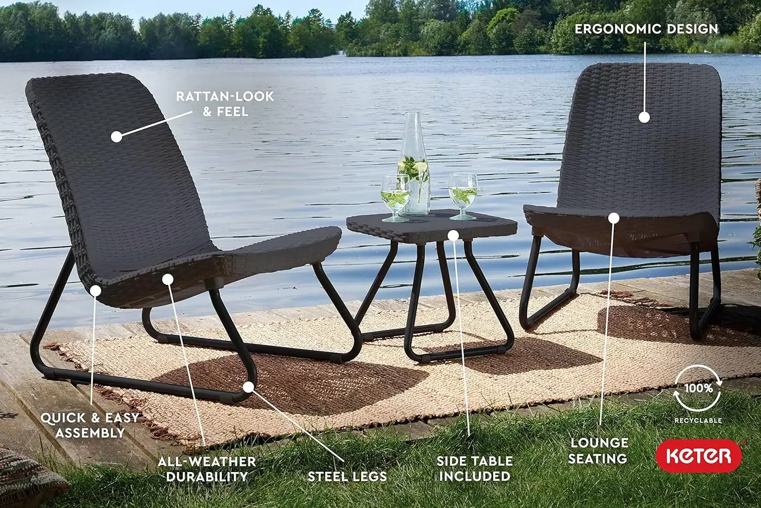 Rio 3 Piece Resin Wicker Patio Furniture Set with Side Table and Outdoor Chairs, Dark Grey