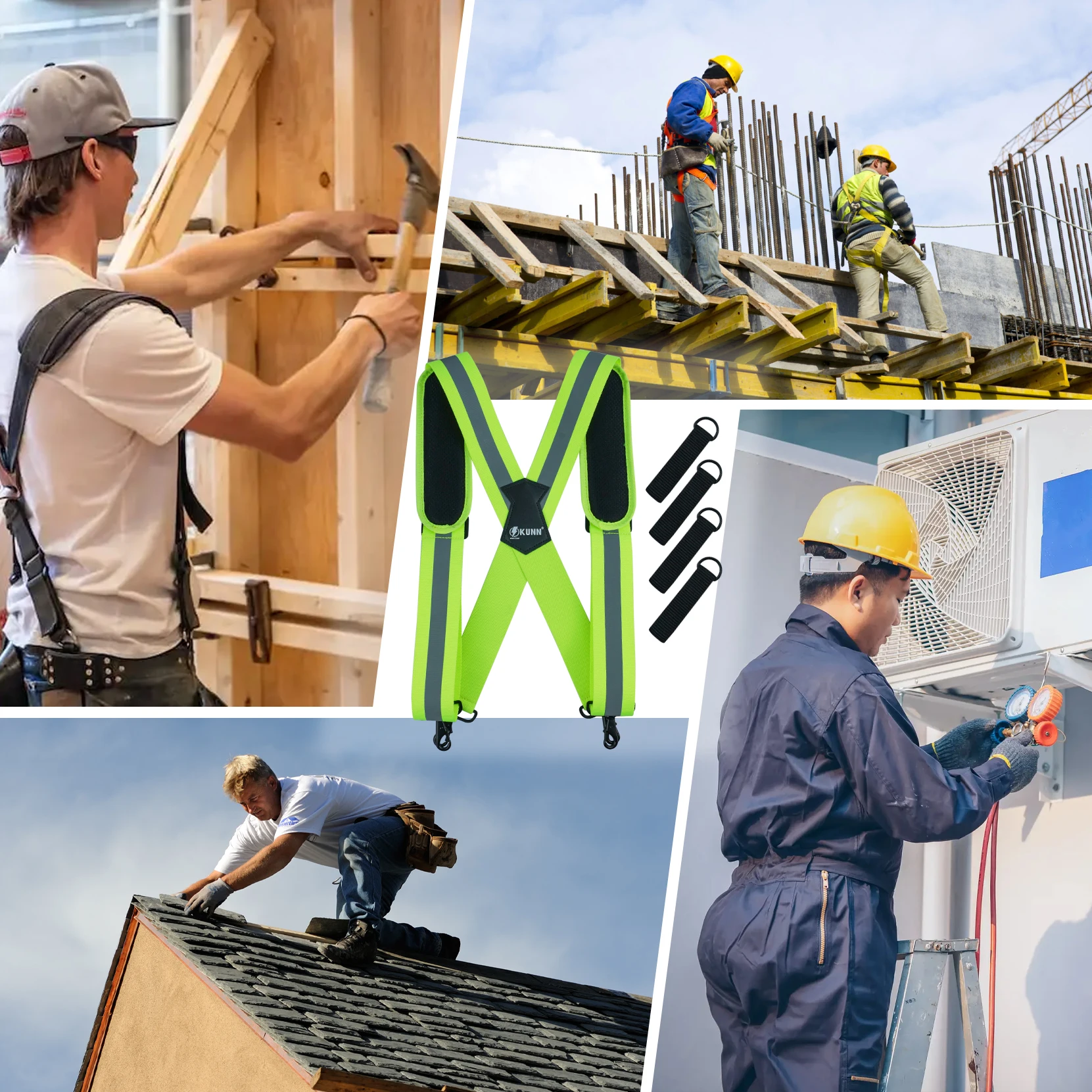 Kunn suspensórios de cinto de ferramentas de alta visibilidade, suspensórios de trabalho de segurança reflexivos resistentes com ombro acolchoado removido, 4 peças de laços de cinto de ferramentas