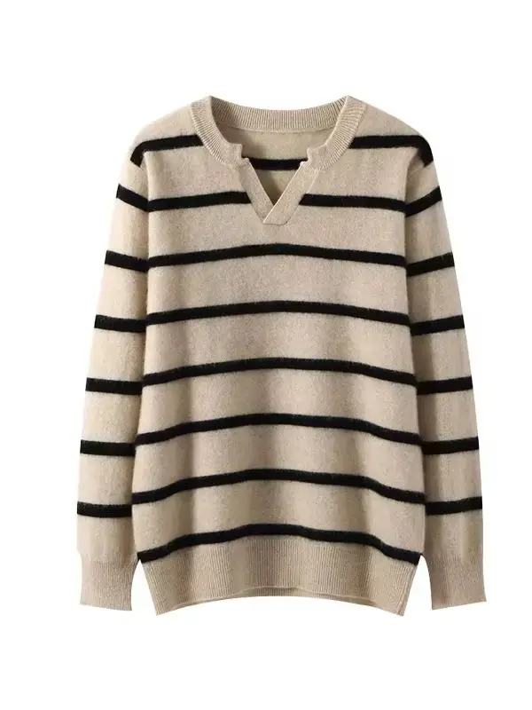 100% pure cashmere sweater men's V-neck striped color matching pullover high-end business casual sweater bottoming shirt