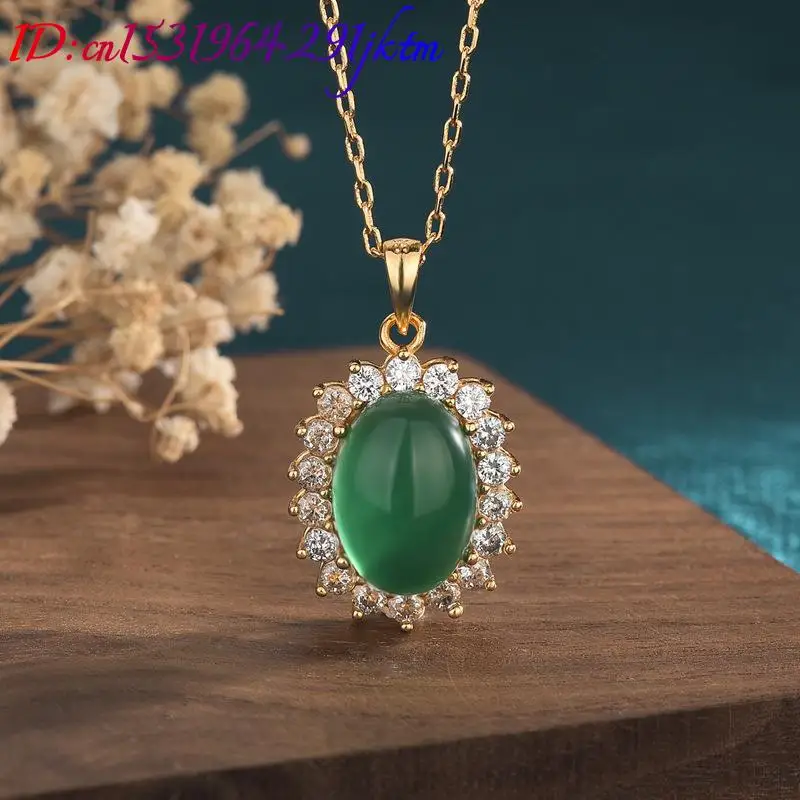 Green Natural Jade Pendant Necklace Carved Gemstone 18K Gold Plated Real Jewelry Vintage Amulet Stone Designer Charm view 5