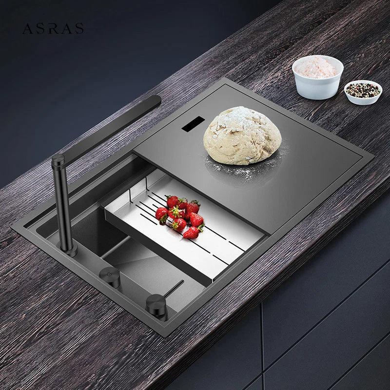 

ASRAS Nano kitchen Sink Double Cover hidden Single Large Size 304 Stainless Steel 4mm Thickness Handmade Brushed kitchen Sink