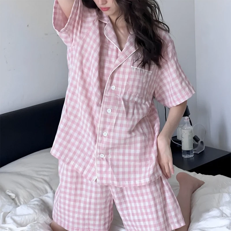 Korean Fashion Ins Sle Sweet Plaid Pajamas Women's Summer Short Sleeve Shorts Student Online Pink Cute Homewear Set