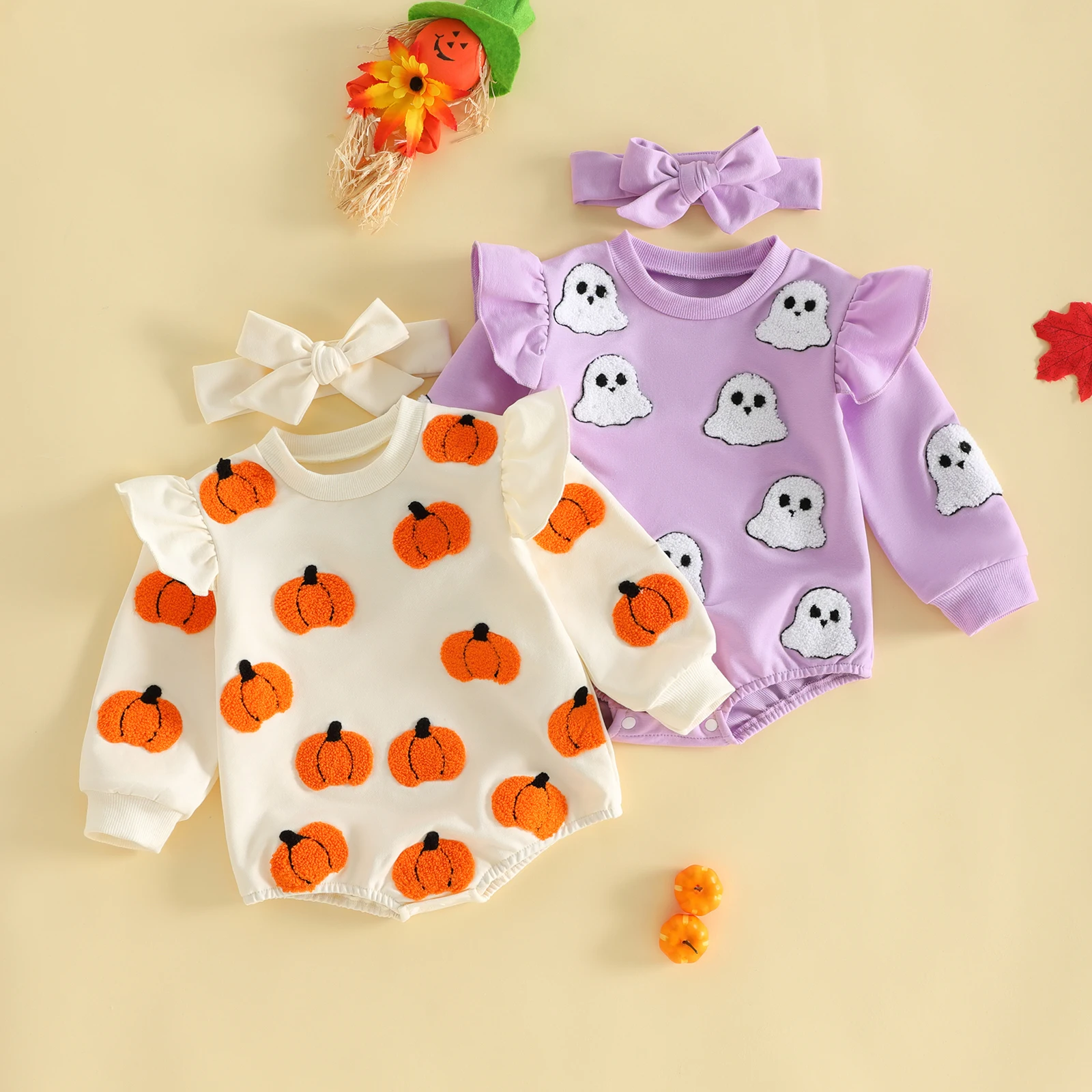2Pcs Infant Girl Halloween Outfit Ruffle Long Sleeve Crew Neck Pumpkin Embroidery Bubble Romper Headband Set