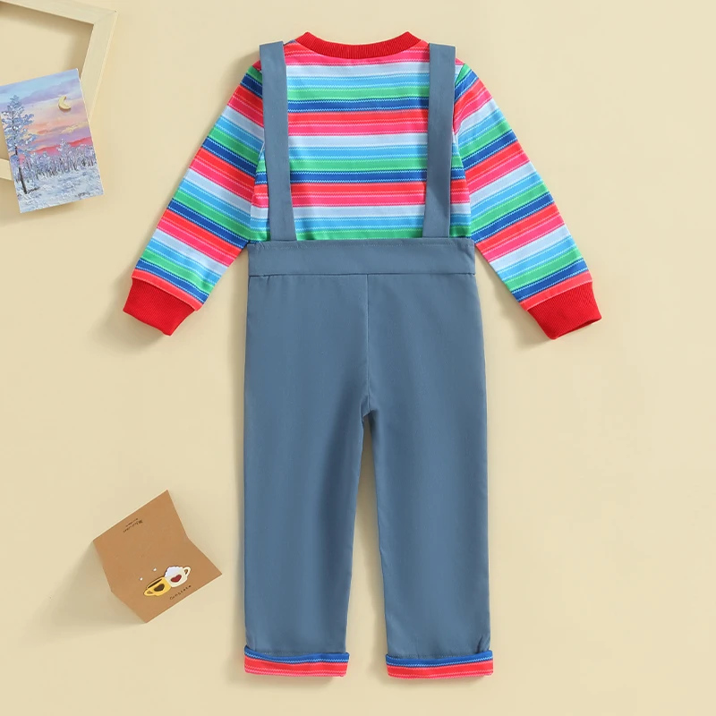 Baby Girls 2Pcs Fall Clothes Set Long Sleeve Striped Print Tops Pullover and Suspender Overall Pants Casual Cosplay Costume Suit