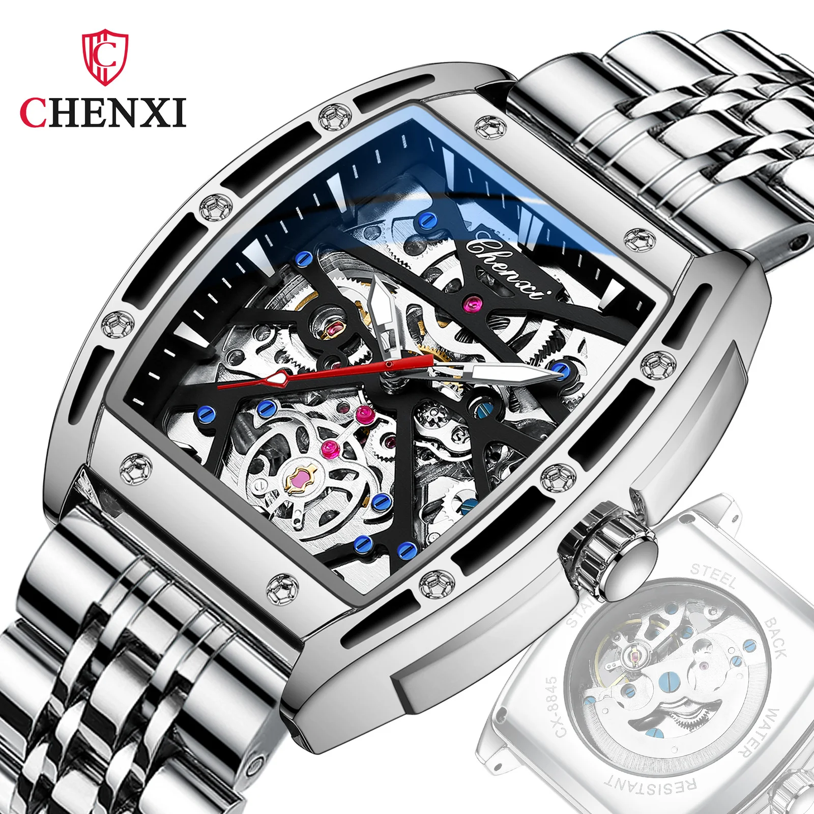 

CHENXI 8885 Men's Mechanical Watch Barrel Shaped Hollow Full-automatic Leather Waterproof Luminous Wrist Watch Hand Clock Male