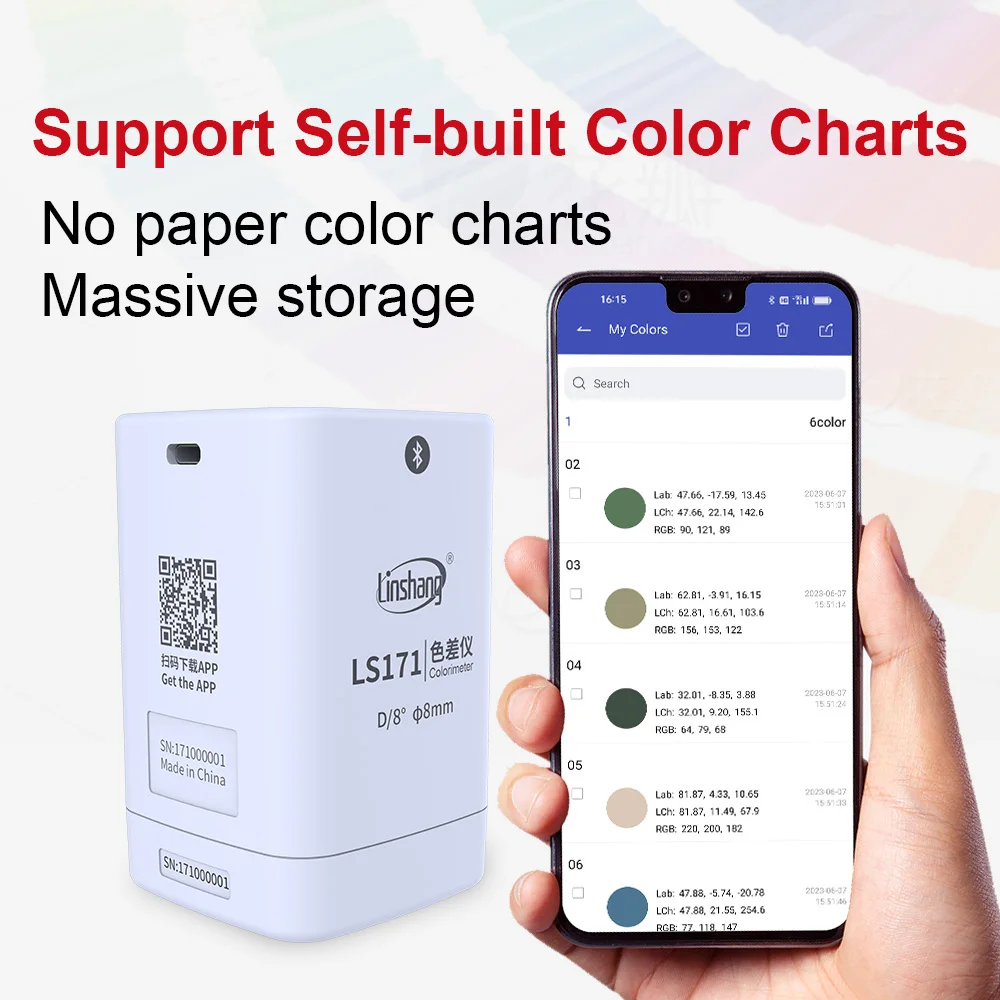 مقياس الألوان الرقمي قارئ ألوان الطلاء مقياس الألوان القوي بلوتوث مقياس الألوان Ncs Ral Pantone E-chart D/8 للبلاستيك LS171