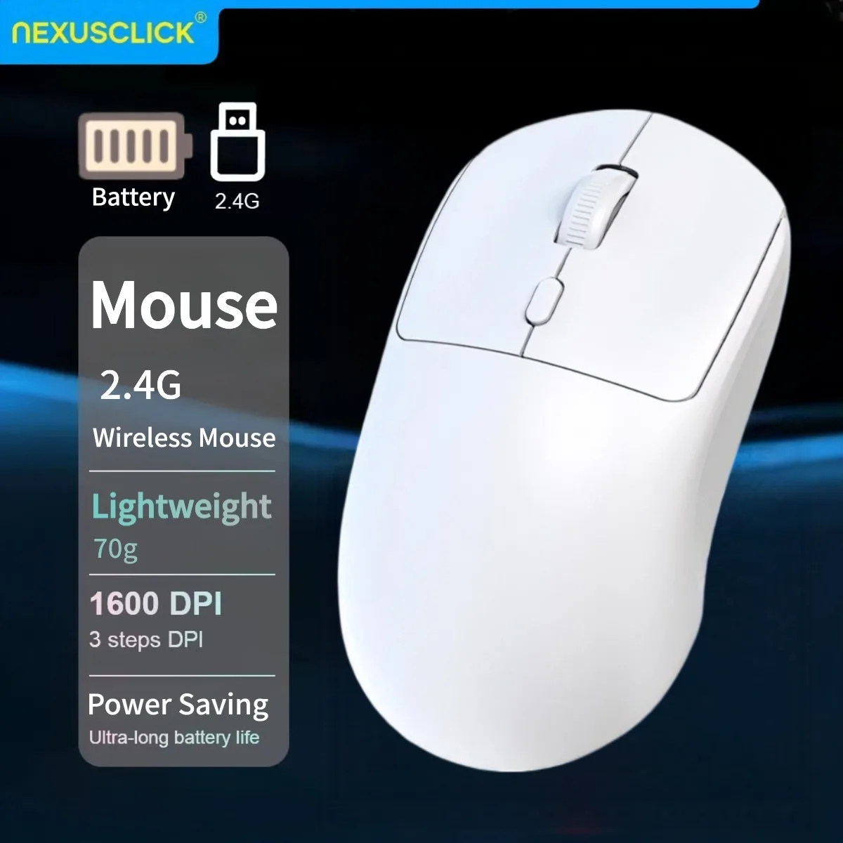 Mouse Sem Fio Silencioso NexusClick 2.4G, Leve, DPI Ajustável, Bateria AA, Ergonômico, Portátil, para Jogos em PC, Laptop e Macbook
