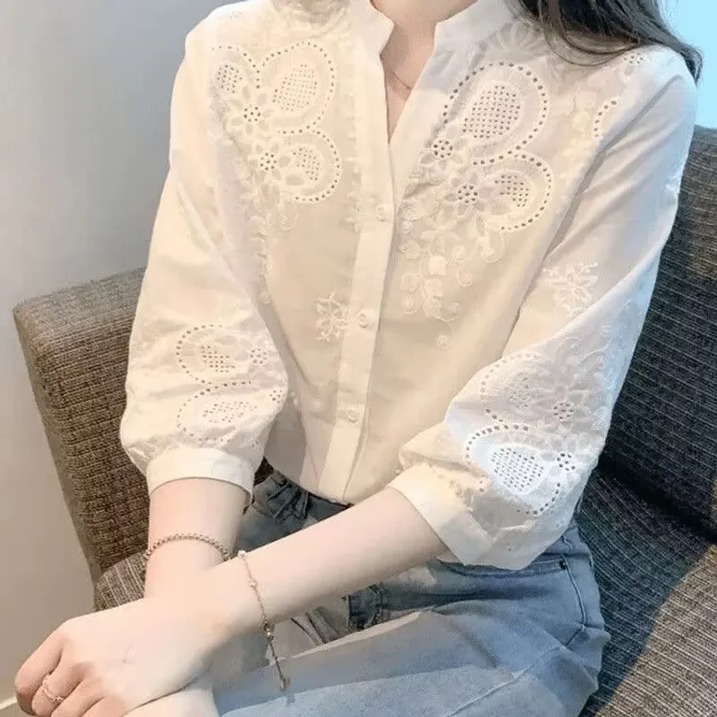

Spring and autumn shirt embroidered hollow seven-quarter-sleeved V-neck shirt foreign-style age-reducing women's commuter shirt