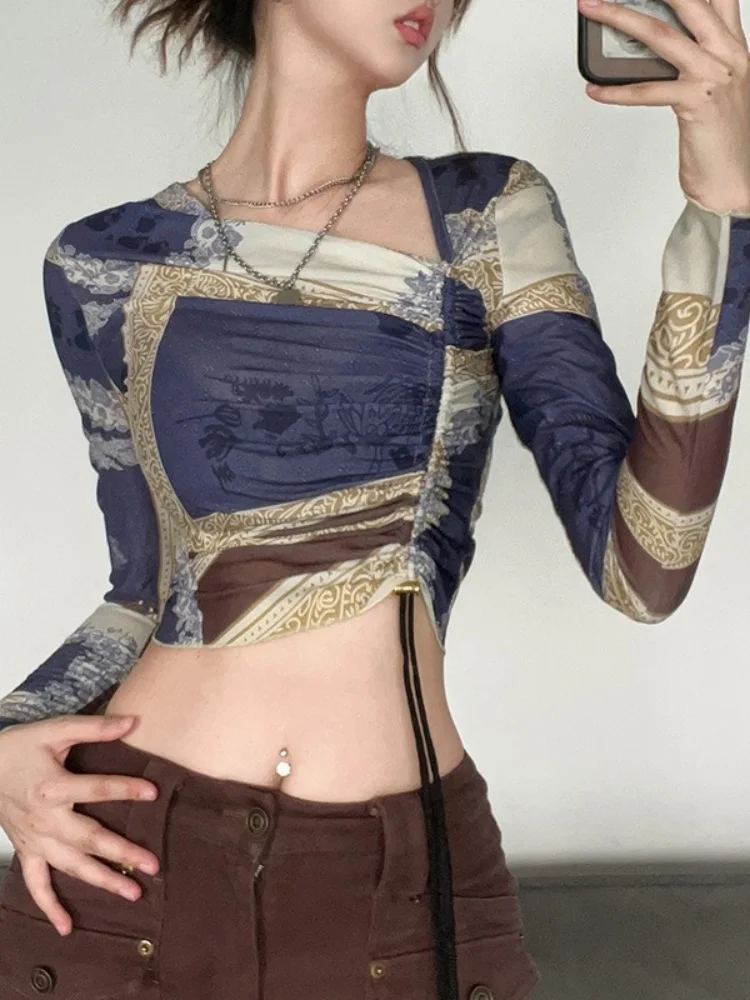 Fashion Print Graphic T Shirts For Women Streetwear Long Sleeve Crop Top Drawstring Tshirt Y2k Accessories Slim Fit Ropa Mujer