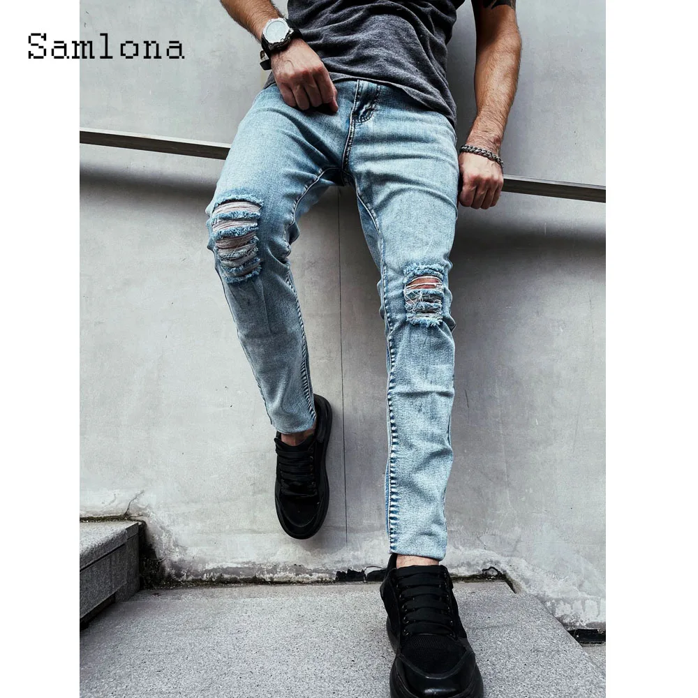 2024 Spring New Patchwork Demin Pants Mens Casual Stand Pocket Jeans Trouser Men Fashion Slim Fitted Hole Ripped Sweatpants