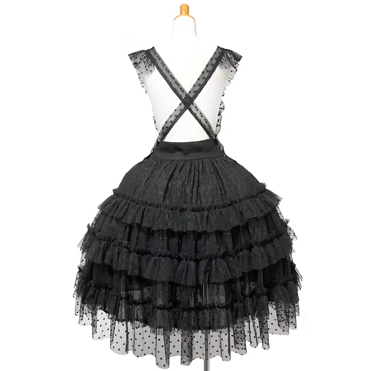 Tailored Gothic Lolita Black Polka Dot Pleated Stacked Suspender Strappy Dress Skirt