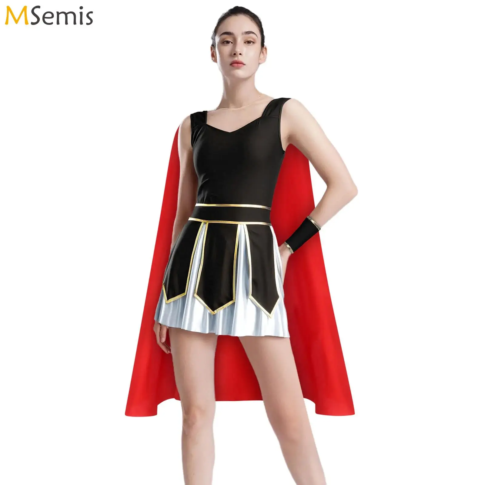 

Womens Halloween Costume Ancien Roman Glorious Gladiator Soldier Cosplay Warrior Princess Dress with Satin Cape Cuffs Uniforms