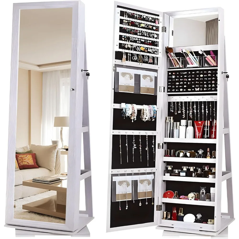 Jewelry Armoire with Full Length Mirror, 360°Rotatable Jewelry Organizer Cabinet Free standing Lockable Jewelry Cabinet