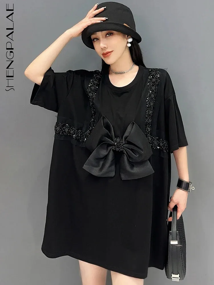 

Женская футболка с бантом SHENGPALAE, Свободный Длинный топ в Корейском стиле с бриллиантами, модель Y2K на лето, 2024