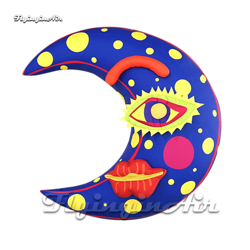 Humanized Illuminated Blue Inflatable Crescent Moon Balloon With 3-D Eye And Lips For Ceiling Decoration