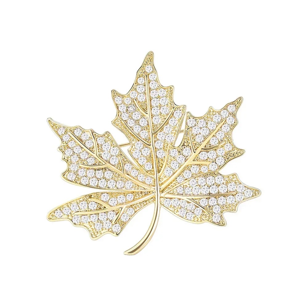 New Gold Color Rhinestone Maple Leaf Brooch Pin for Women Luxury Plant Shape Jewelry Wedding Party Accessories Gifts Брошь