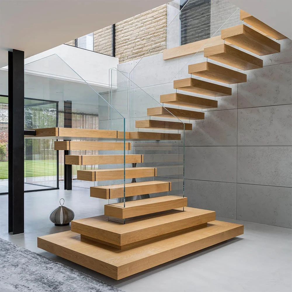 Customization Straight Stair Cantilever Staircase With Glass Panel Railing Solid Wood Steps Design Floating Stairway