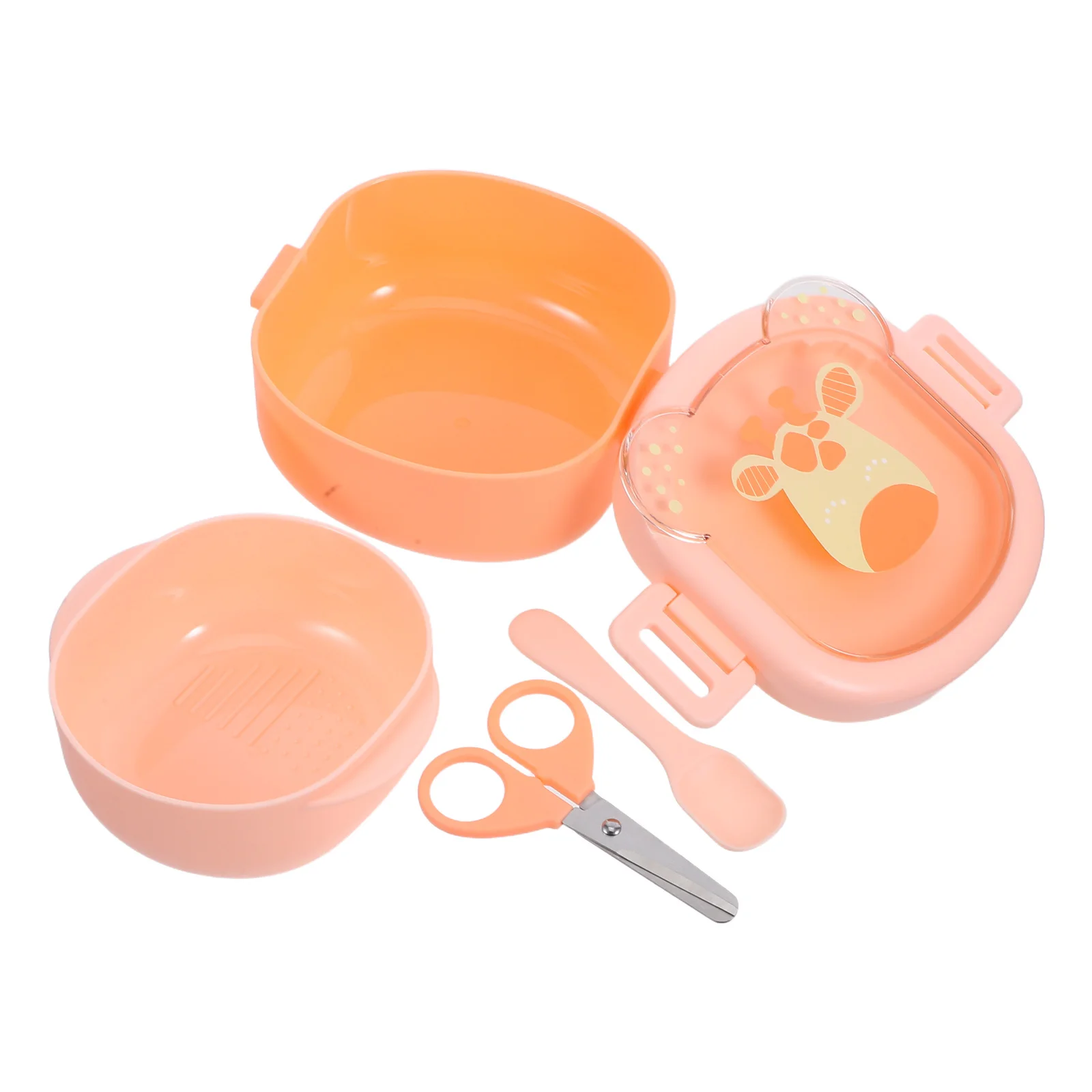 

Портативный набор для кормления детей, оранжевый в комплект входят ножницы для еды, присоска, ложка, дорожный контейнер для закусок, обеденный контейнер для малышей