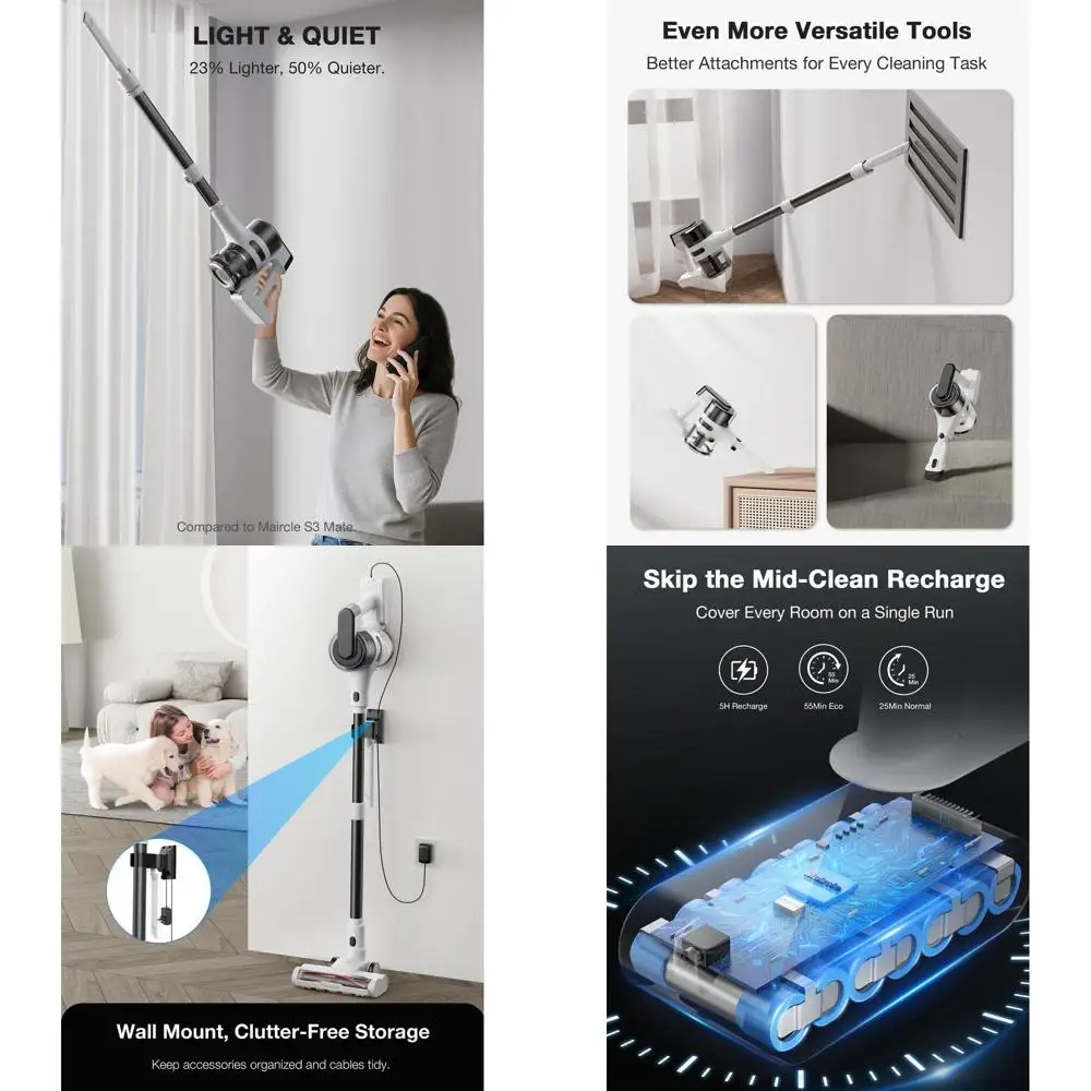 

Беспроводной легкий пылесос, аккумулятор 55 минут, сильное всасывание, светодиодная подсветка, удаление шерсти домашних животных с несколькими поверхностями