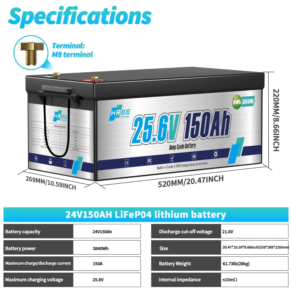 24v 150Ah 50Ah LiFePo4 Battery Built-in 150A BMS Lithium Iron Phosphate Waterproof LEP Battery For Solar RV Off-grid Camping