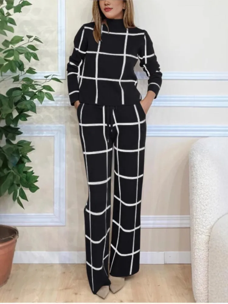 Women\'s Two Piece Set Fashion Plaid Print Long Sleeve Cropped Top High Waist Straight Trousers 2 Piece Sets Commuting Style 2024