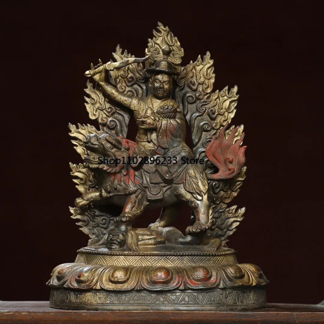 Tibetan brass mud gilt cinnabar painted lion riding beast King Gesar antique offering ornament Buddhist hall supplies 35cm