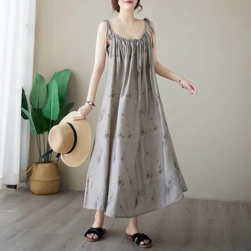 

Women Dresses Oversizes A-line Floral Sleeveless Slip Dress Summer New Pleated Design Casual Loose Thin Dress for Women Clothing