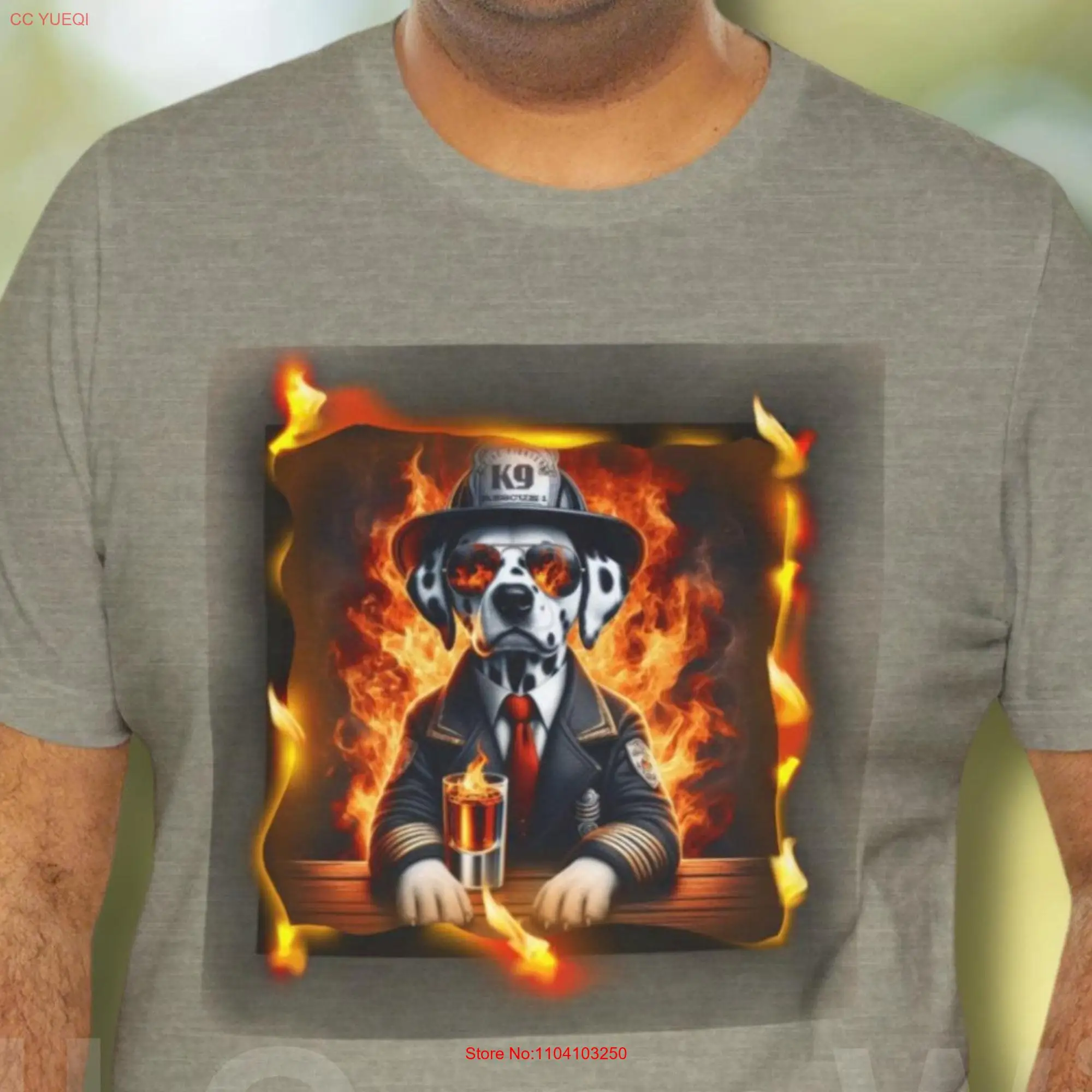 Dalmatian Firefighter T shirt Fire Fighter Dog Canine Rescue Fireman Crew Collar Top Flaming Shot Premium Bella