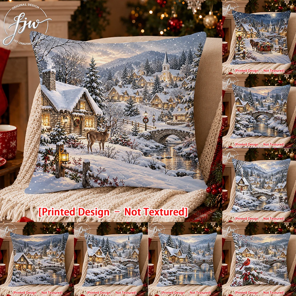 1pc Christmas Winter Snowy Village Throw Pillow Cover, Rustic Farmhouse Holiday Cushion Case for Sofa Bed Couch